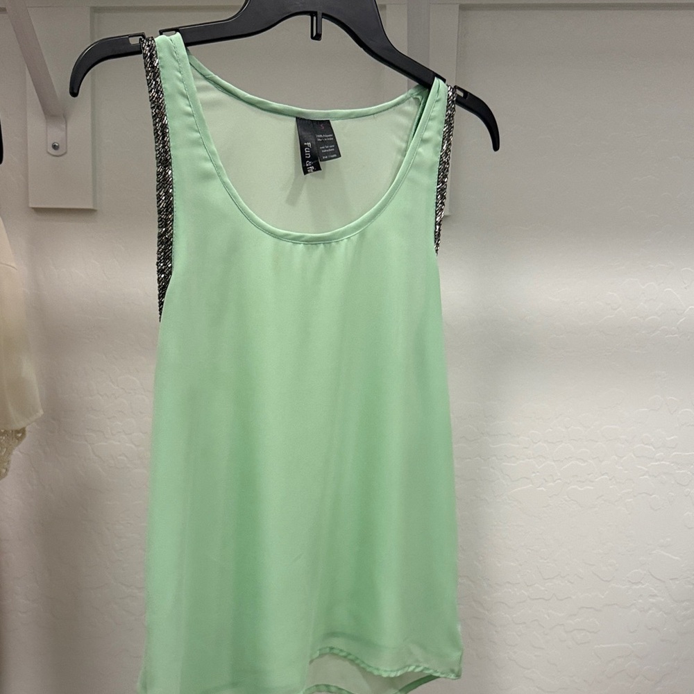 Sleeveless Mint Green Tank Top with Embellished Shoulders